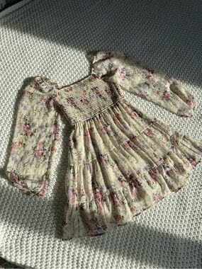 Rewind Cream Floral Smocked Puff-Sleeve Mini Dress